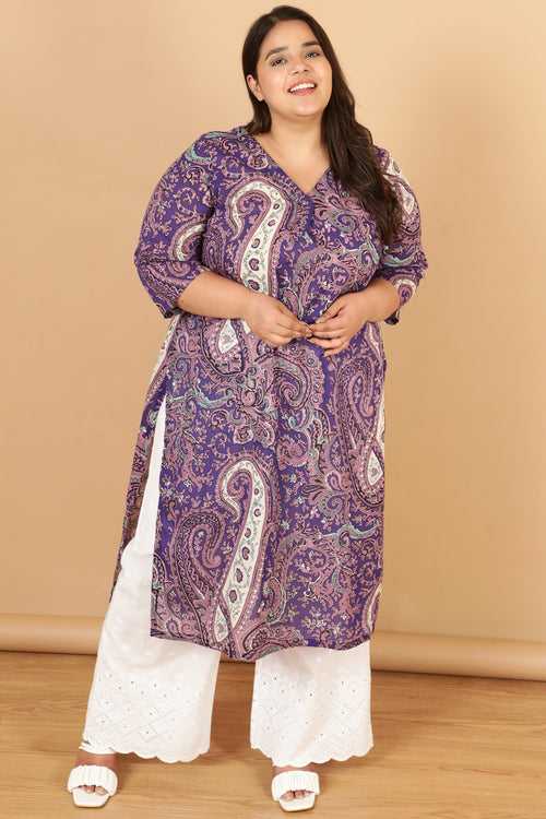 Plus Size Purple Paisley Print Cotton Kurta