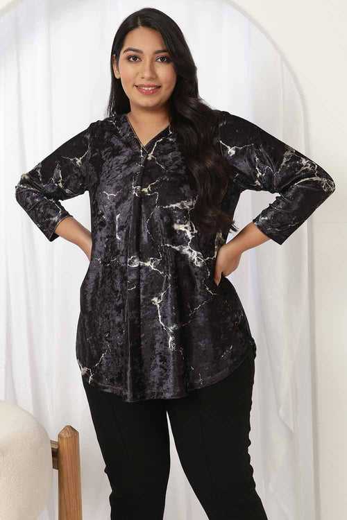 Plus Size Black Velvet Top - V Neck