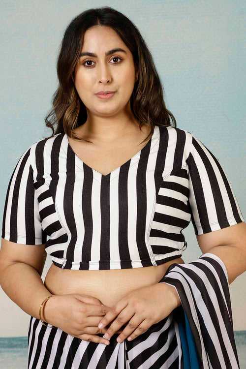 Plus Size Black White Striped Readymade Blouse