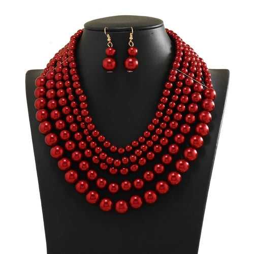 Aegte Lady in Maroon Pearl Drop Earrings & Necklace Set