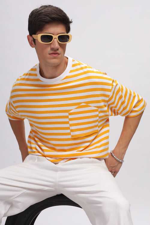 White Yellow Oversized Striped Pocket T-Shirt