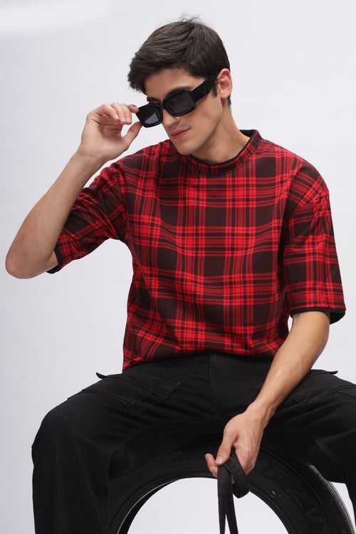 Red Oversized Check Printed T-Shirt