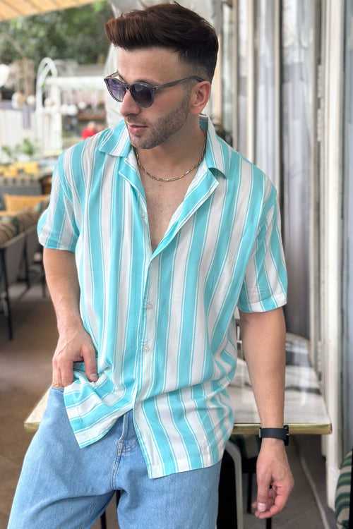 Sea Green Oversized Striper Rayon Shirt