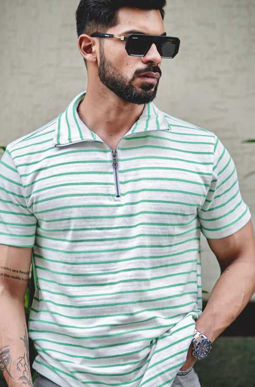 Green Stripes Zipper T-Shirt