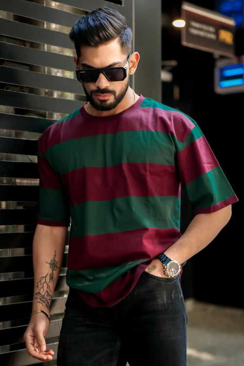 Green Maroon Oversized Color Blocked T-Shirt