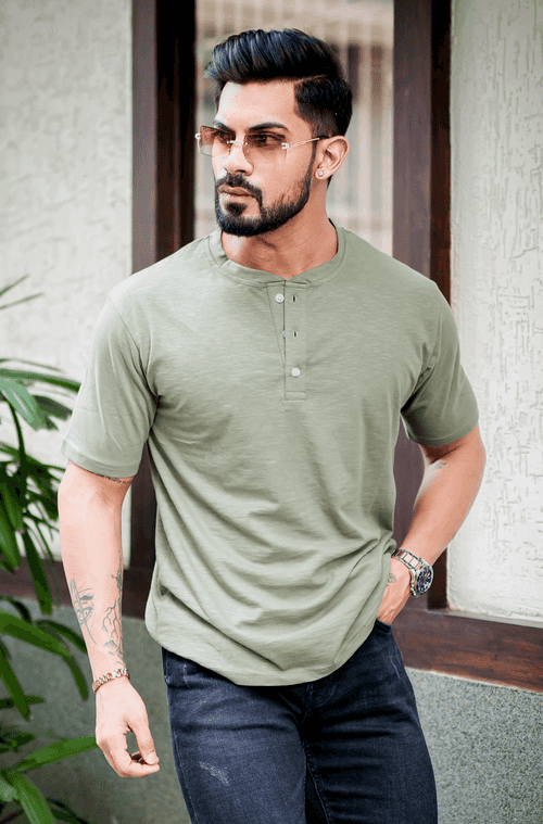 Moss Green Slub Henley T-Shirt