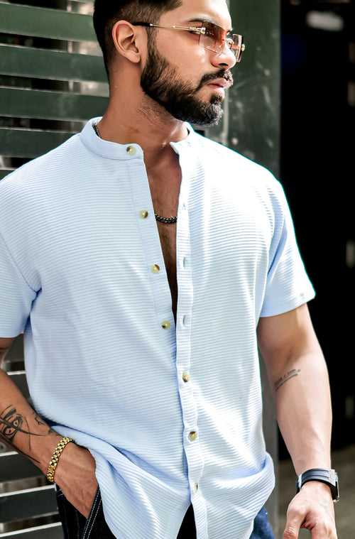 Sky Blue Self Design Mandarian Collar Shirt