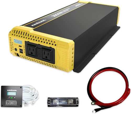 Krieger 3000W Pure Sine Wave Inverter 12V DC to 120V AC Converter for RV, Truck, Off-Grid Solar Power Inverter 12V to 110V W/Built-in 5V/2.1A USB Port, AC Hardwire Port, Remote Cables Fuse Included