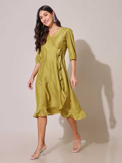 Jheel Green Ruffled Overlap Dress