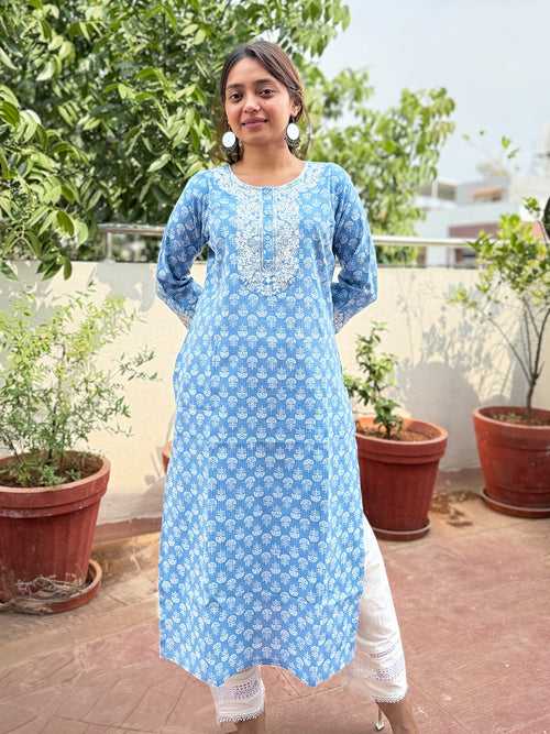 Blooming Melodies Blue Printed & Embroidered Yoke Straight Kurta Set