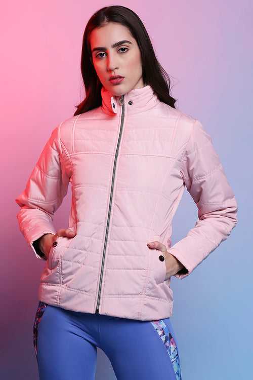 Baby Pink Mid Length Puffer Women’s Jacket With High Fur Collar