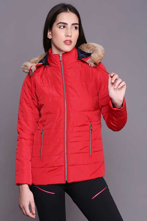 Red Mid Length High Collar Puffer Jacket With Detachable Fur Hoodie