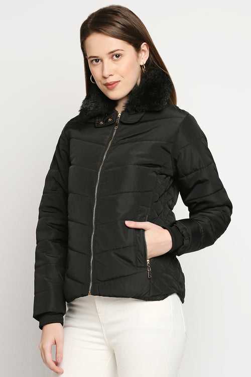 Black Fur Collar Mid Length Puffer Jacket With Zip Details