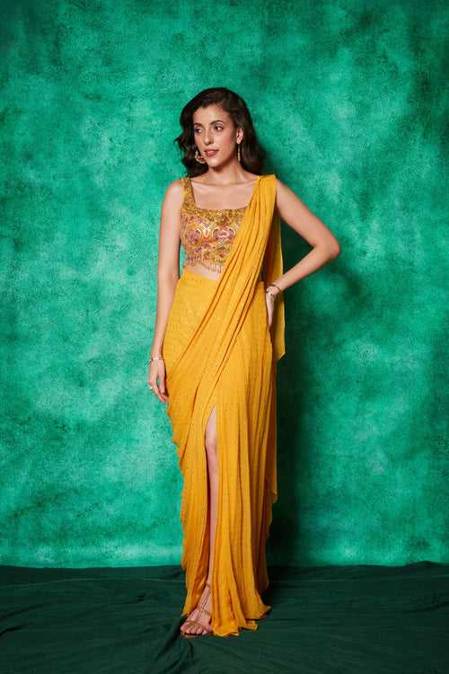 Pre-stitched Saree with Slit Teamed with Embroidered Blouse