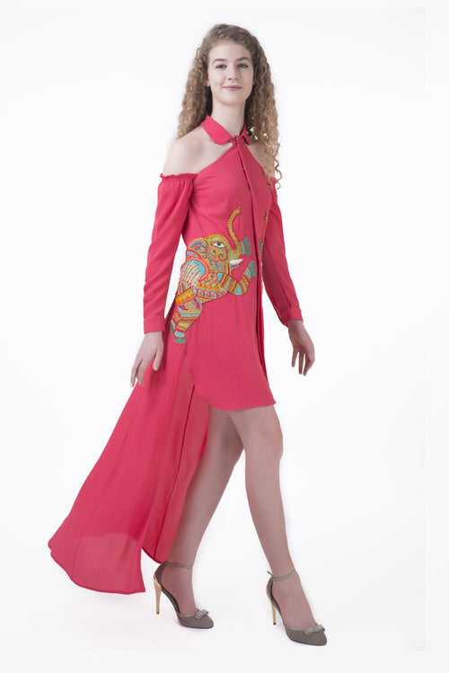 High-Low Shirt Dress with Motifs on sides