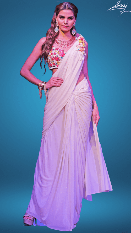 Glittery Jersey Pre-Draped Saree with Floral Blouse