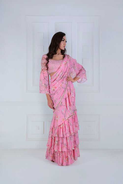 Printed Ruffle Sari with Modern Blouse