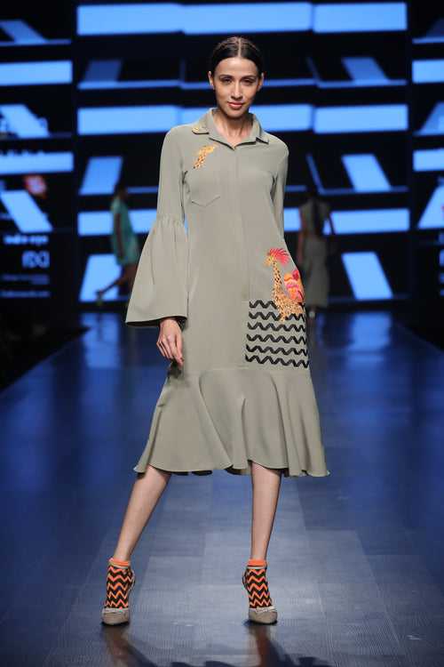 Flute Hem Shirt-Dress with Quirky Giraffe Embroidered Motif