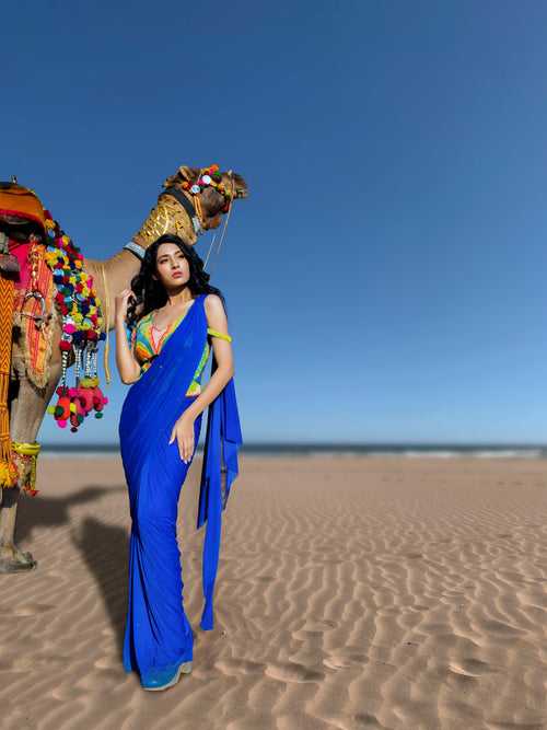 Colourful Hand-Beaded Corset with Pre-Draped Saree