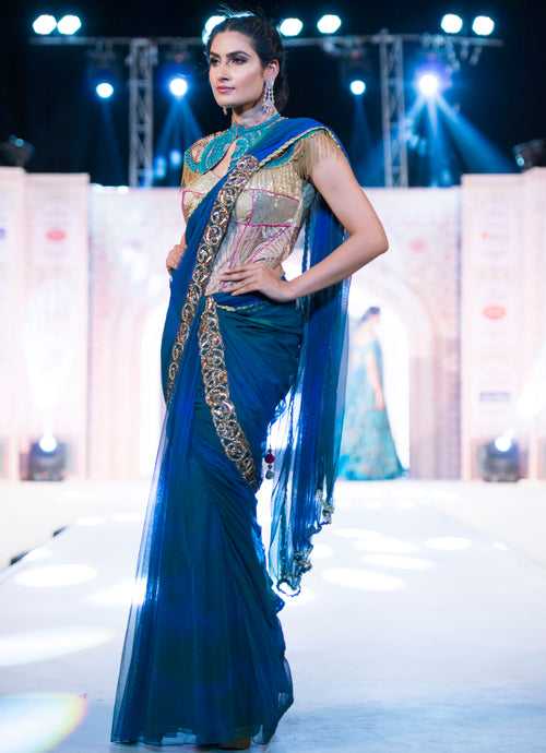 Ombre Sari Gown with Beaded Collar