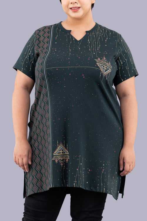 Plus Size Printed Long Tops For Women Half Sleeves - Bottle Green