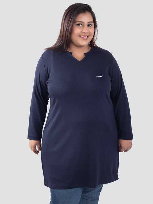 Plus Size Full Sleeves Long Top For Women - Navy Blue