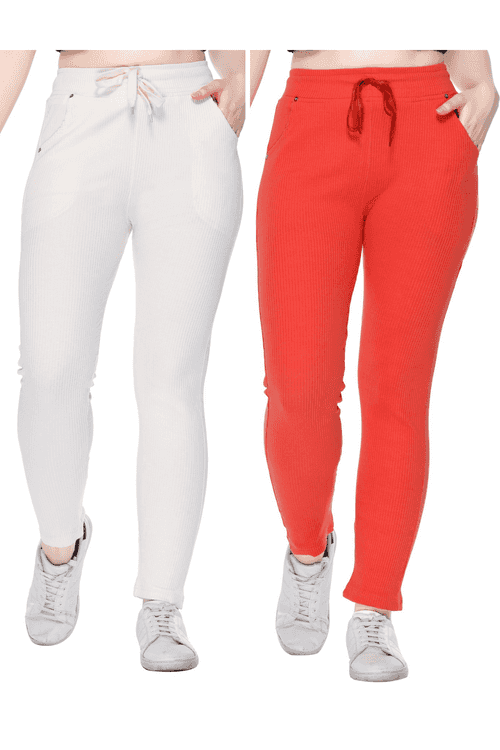 Stretchable Cord Knit Lower For Women Combo - Pearl white/Tangy Orange