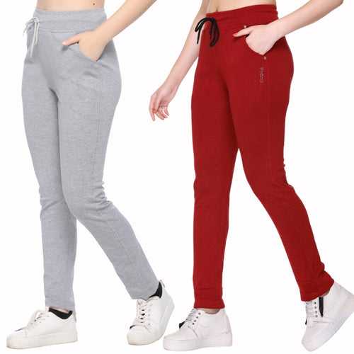 Stretchable Track Pants For Women - Cotton Lycra Activewear - Pack of 2 (Grey & Maroon)