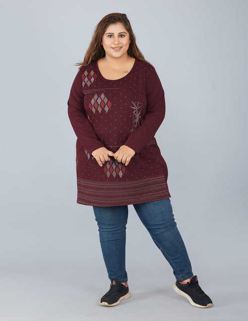 Cotton Long Top for Women Plus Size - Full Sleeve - Wine