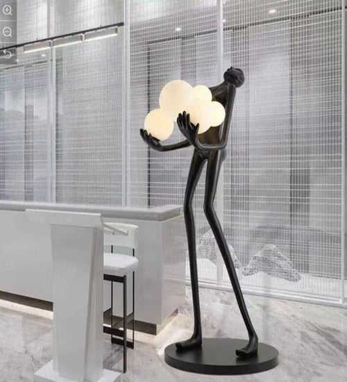 BLACK LADY STATUE HOLDING LIGHT GLOBES FLOOR  LAMP