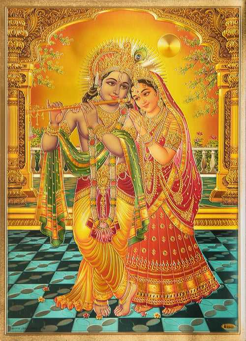 The Radhe Krishna With Evening Moon Golden Poster