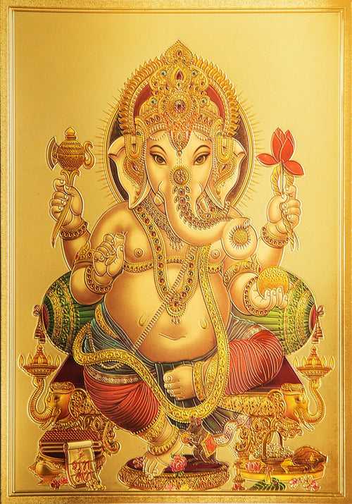 The Ganesha with Red Flower Golden Poster