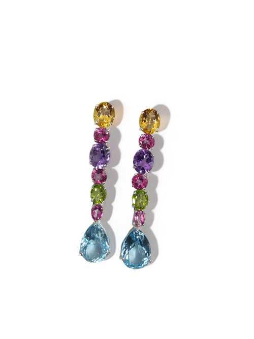 Multi colored earrings in Citrine, Peridot, Tourmalines, Blue Topazset it sterling silver pin post closure.