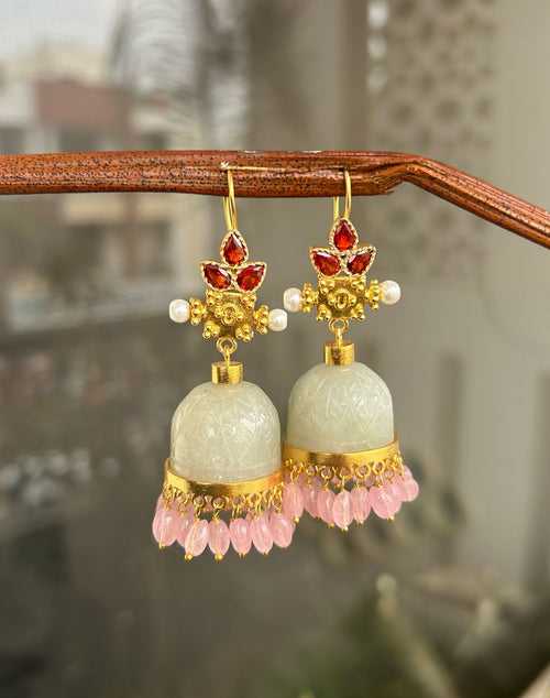 Grapes Aventurine stone jhumka with pink quartz drops in Garnet and Pearl in the tops. Made in sterling silver with 18k Gold plated.