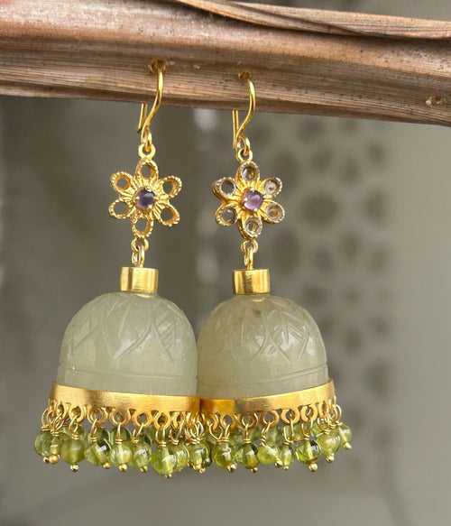 Grapes aventurine stone jhumka with green Onyx drops, Amethyst in the tops, Made in sterling silver 18k Gold plated.