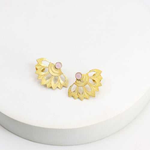 Sterling Silver stud earrings with 18 karat micron plating, Patterned tops with pink chalcydony in Push-Post closure.