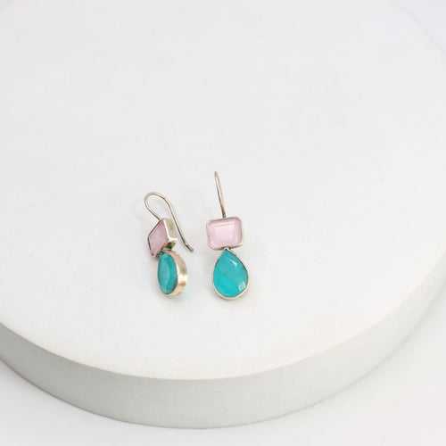 Sterling Silver Pink Chalcy and blue quartz hook earrings.