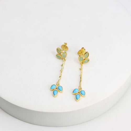 Sterling Silver Gold plated Aquacalcydony & Turquoise long hanging earrings.