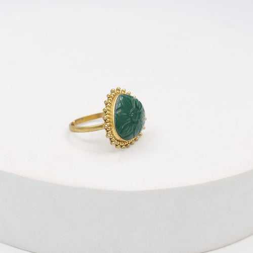 Carved green Onyx ring set in sterling Silver with 1 micron Gold plating.
Handcrafted with love, adjustable.