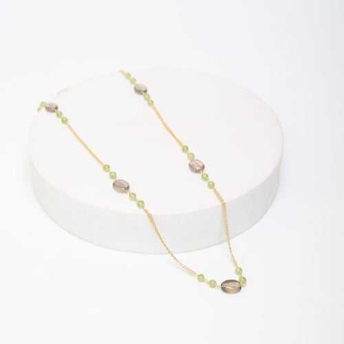 Sterling Silver Gold plated smoky Quartz with peridot beaded string necklace.
