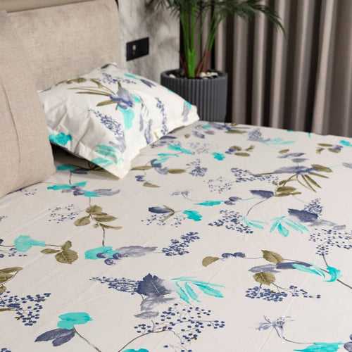 Regal Collection - Breathable 200 TC 100% Pure Cotton Bedsheet with Pillow Cover, Cherry Blossom- Blue