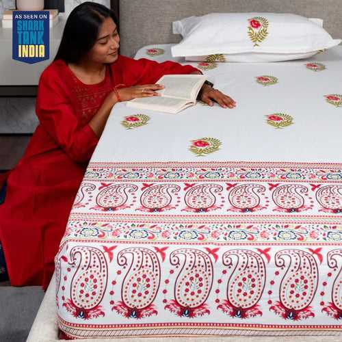 Regal Collection - Breathable 200 TC 100% Pure Cotton Bedsheet with Pillow Cover, Ethnic Motif- Pink