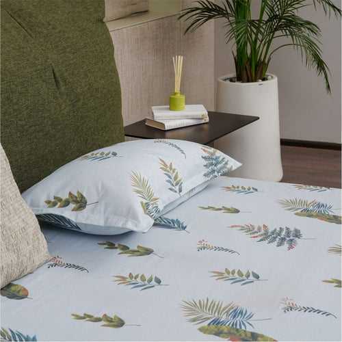 Serene Collection - Breathable 200 TC 100% Pure Cotton Bedsheet with Pillow Cover, Fall Leaves - Blue