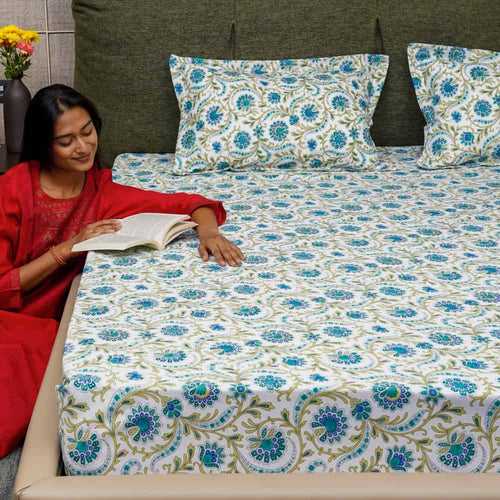 Serene Collection - Breathable 200 TC 100% Pure Cotton Bedsheet with Pillow Cover, Guldaudi Floral- Blue