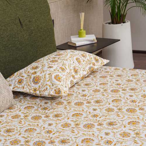 Serene Collection - Breathable 200 TC 100% Pure Cotton Bedsheet with Pillow Cover, Guldaudi Floral - Brown