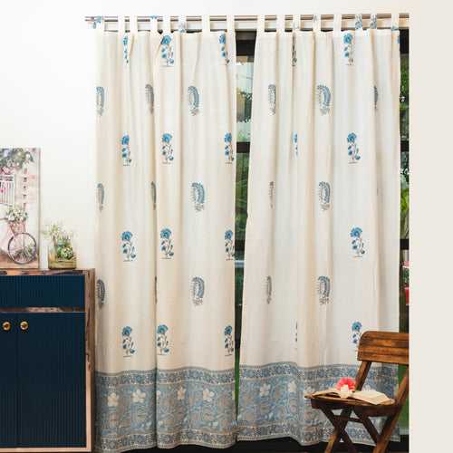 100% MalMal Cotton Curtains, Semi-Transparent with Tab Top, Pack of 2 Curtains - Lush Garden Blue