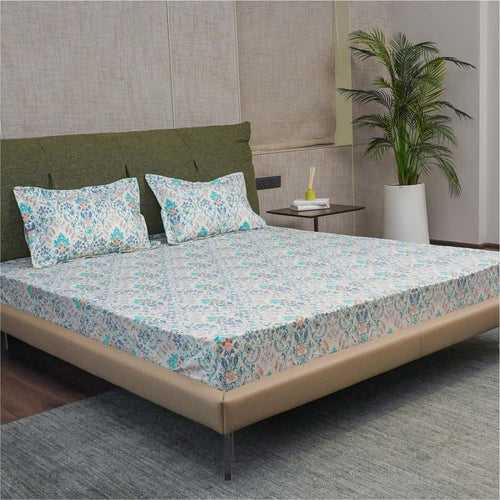 Regal Collection - Breathable 200 TC 100% Pure Cotton Bedsheet with Pillow Cover, Mughal Garden - Blue