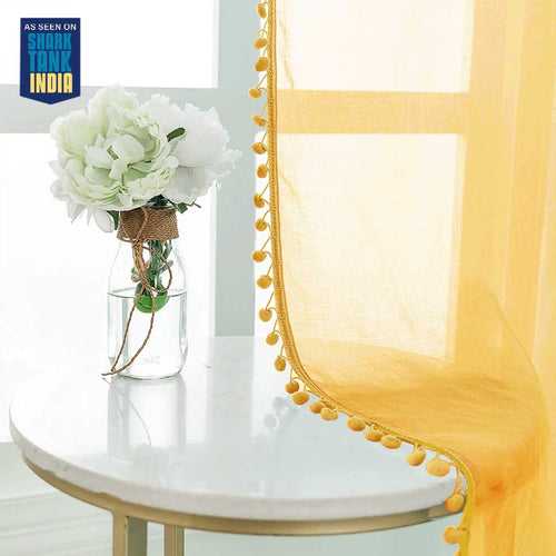 Sheer Curtain for Living Room with linen texture, Net Curtain for balcony, Pack of 2 Curtains -  Mustard with pom pom