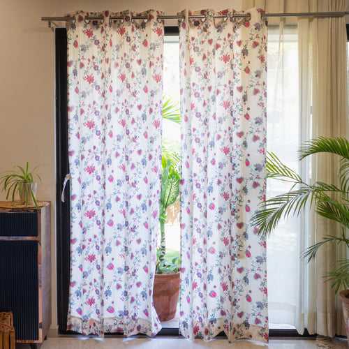 100% Cotton, room darkening ethnic curtains, Pack of 2 Curtains - Passion flower pink