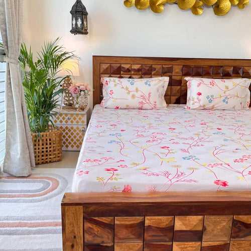 Divine - 100%  Cotton Double Bedsheet with 2 Pillow Covers - Floral Euphoria Soft Pink